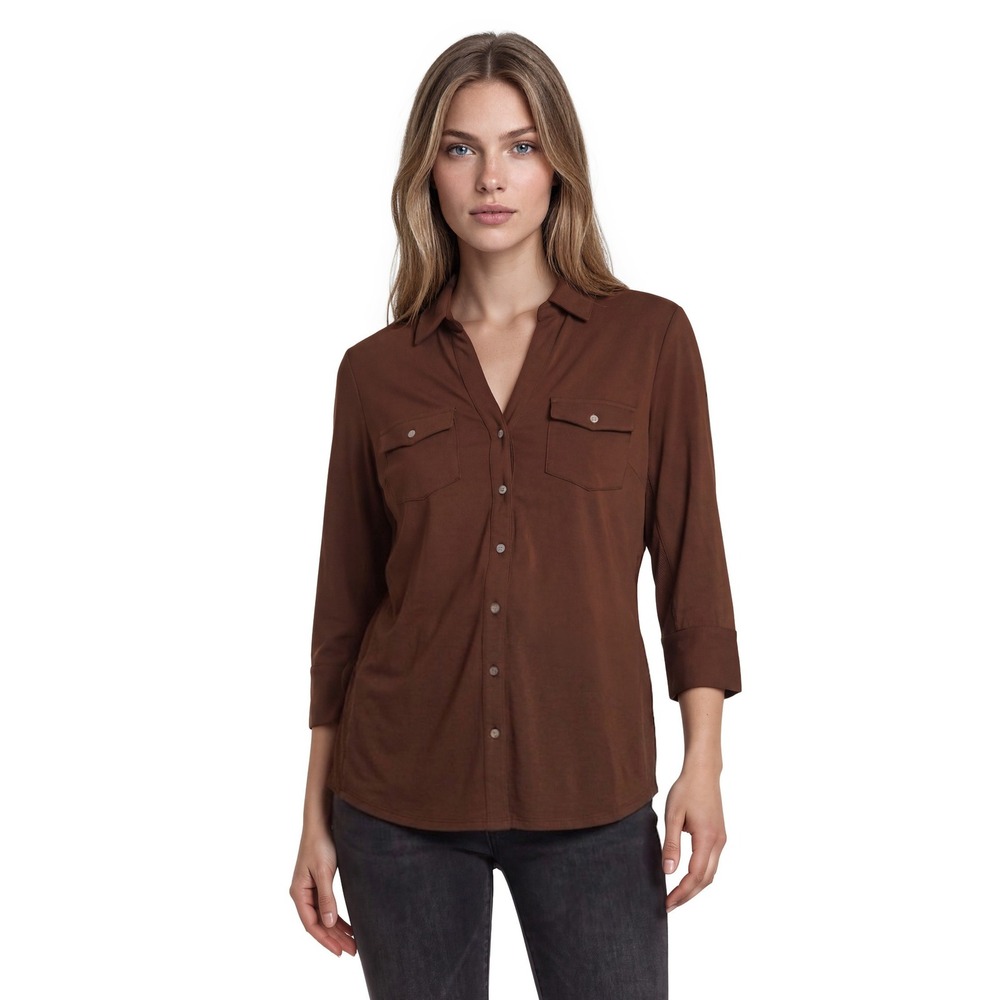 New J.McLaughlin Top Blouse Shirt Women's Size Medium Brown Stretch Pockets